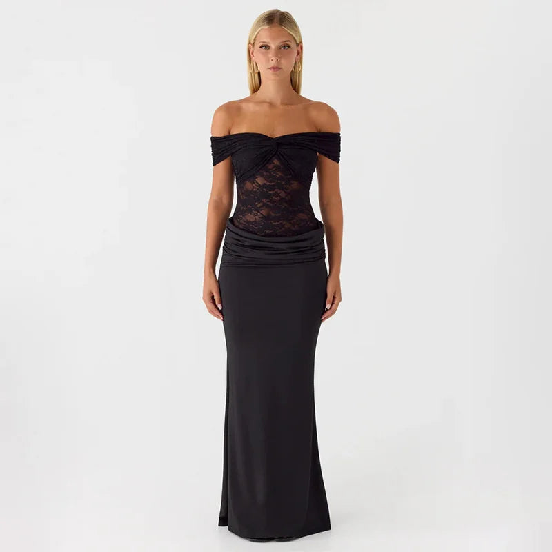 Maxi off-shoulder dress with lace design - LINI
