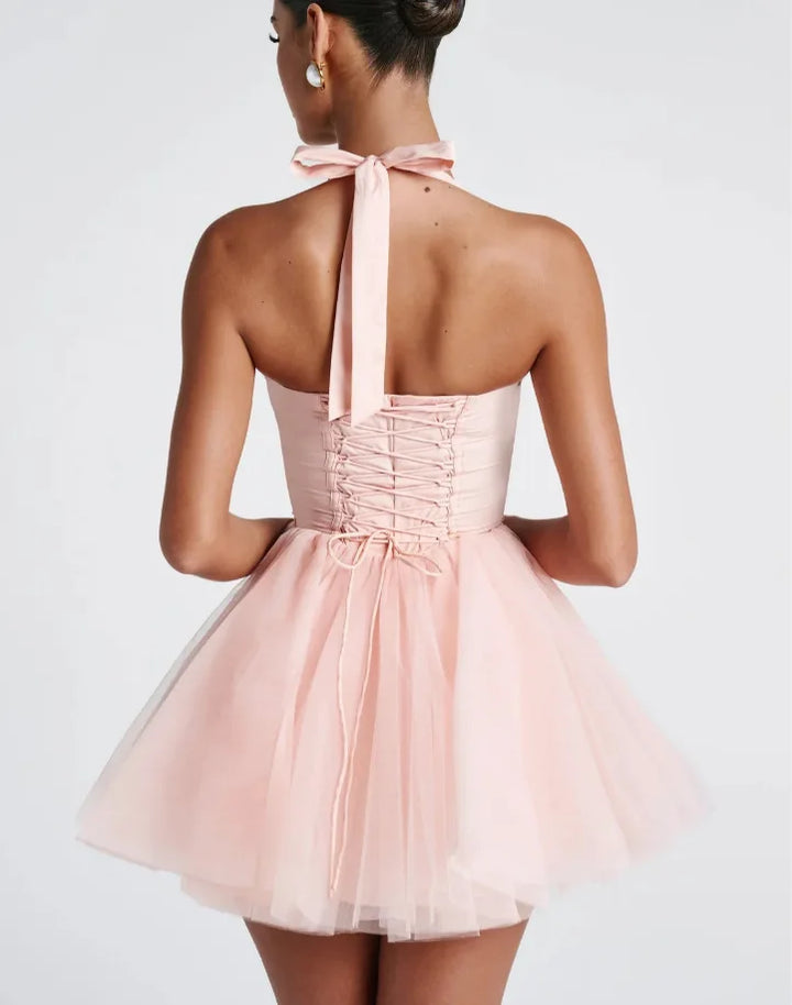 Ballerina mini dress in A-line cut with corset and tulle open back design - Mimi