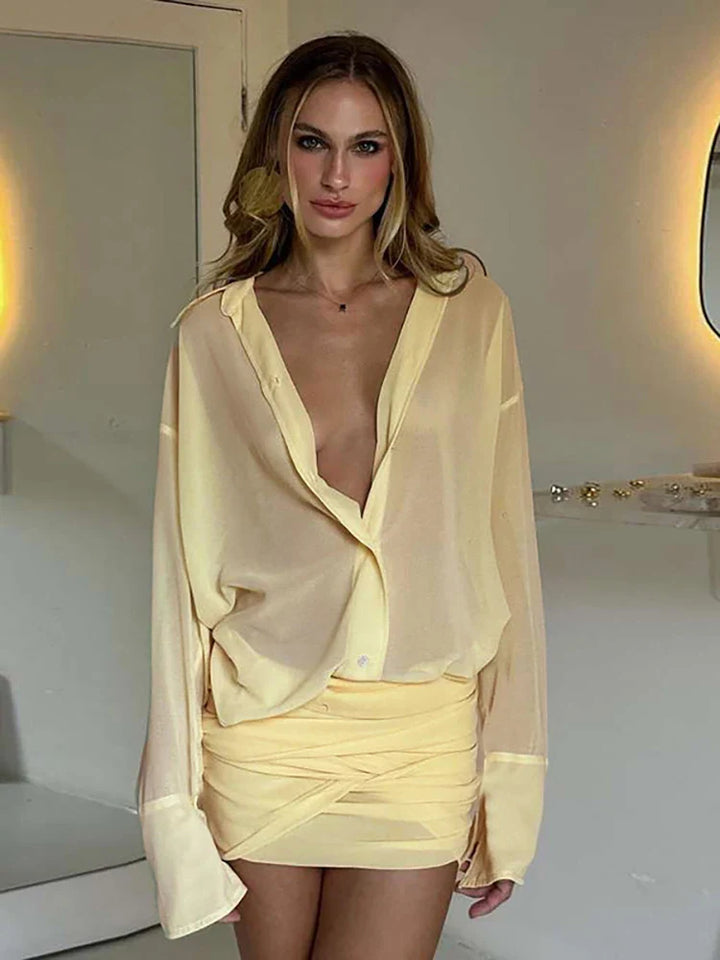 Chiffon Mini Dress with Pleated Design and Button Closure - Arabella