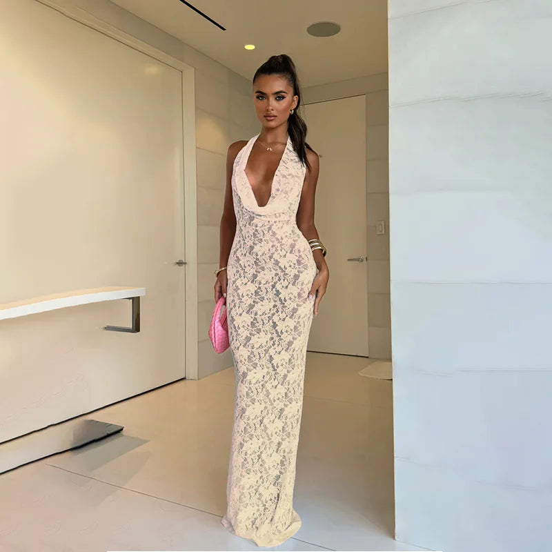 Lace Maxi Dress with Open Back and Draped Collar - Vanilia