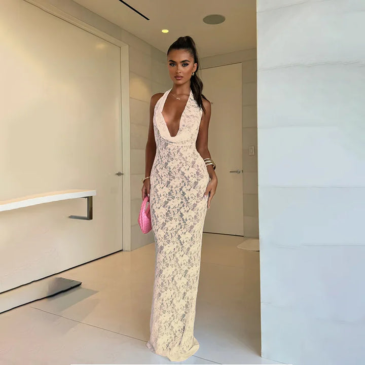 Lace Maxi Dress with Open Back and Draped Collar - Vanilia