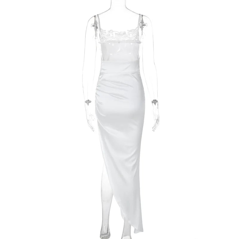 Satin Maxi Evening Dress with Slit and Lace Detail - Swan