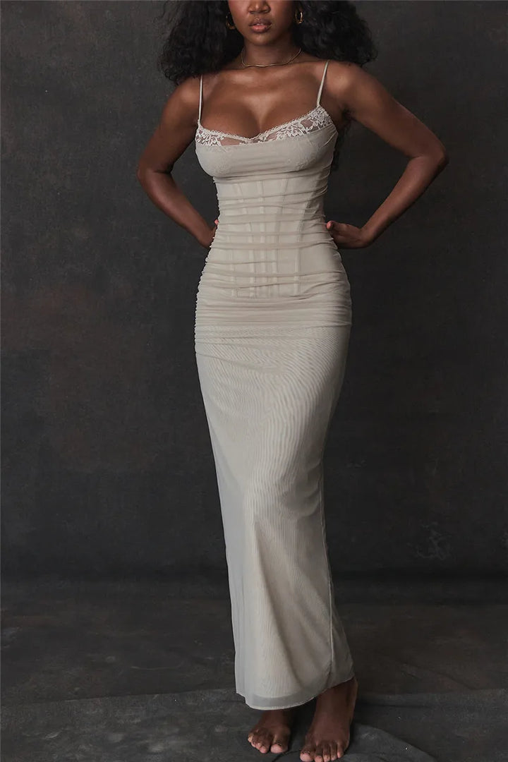 Fitted Maxi Chiffon Dress with Lace Details - Rosalia