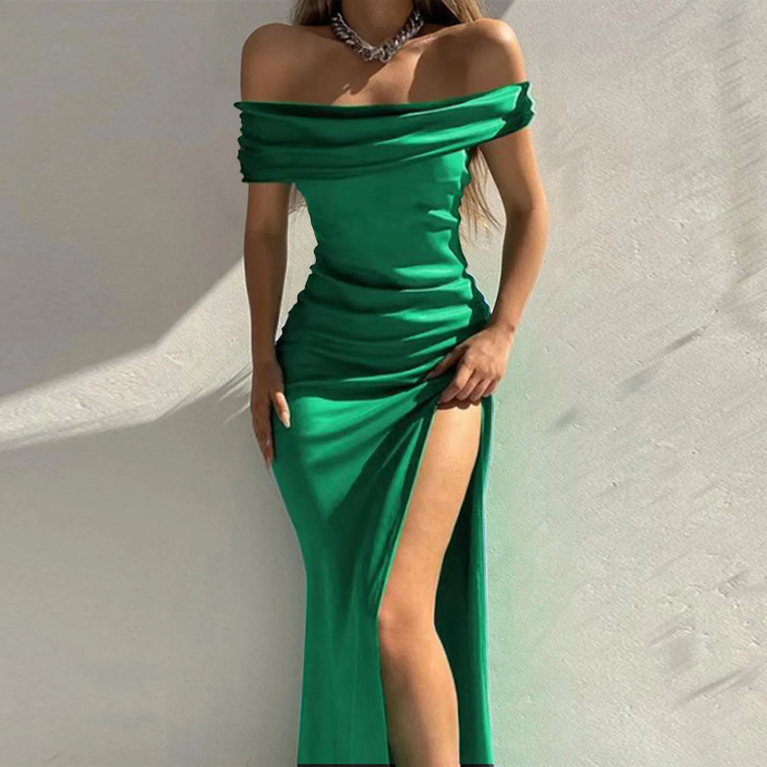 Maxi Satin Dress with Off-Shoulder Design and Slit - Harmoni
