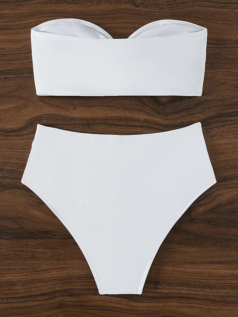 Strapless Bikini Top with Flower Decoration and High-Waist Shaping Bottom - Vanilla