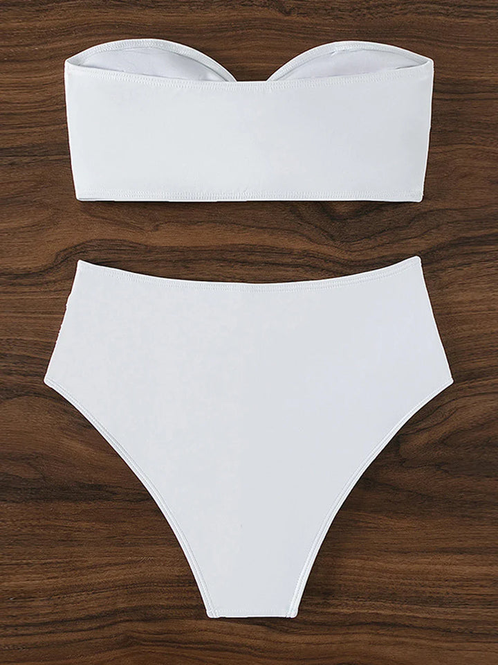 Strapless Bikini Top with Flower Decoration and High-Waist Shaping Bottom - Vanilla