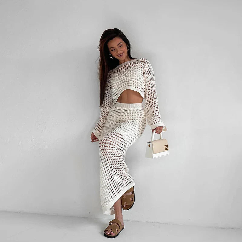 Two-Piece Crochet Mesh Set with Maxi Skirt and Crop Top - Blanca