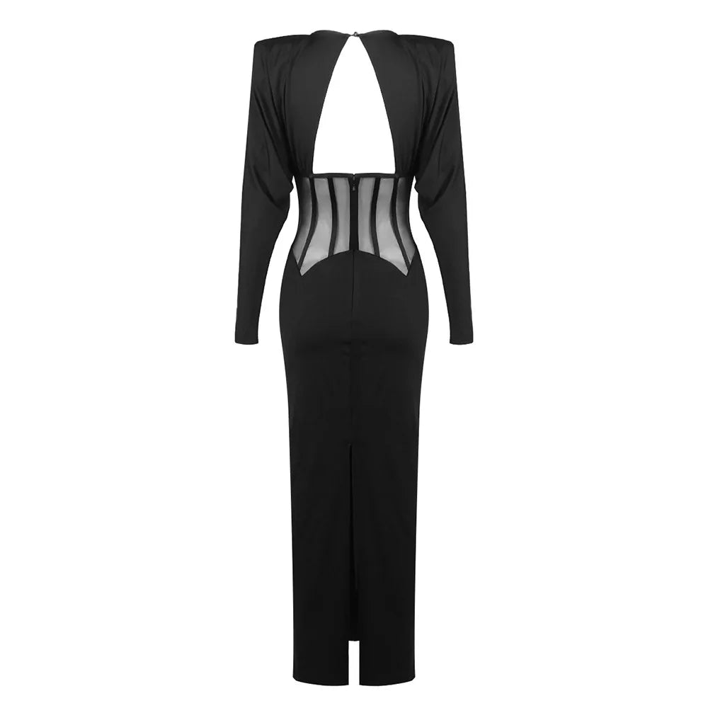 Maxi Dress with Mesh Corset Design and Diamond Buckle Decoration - AMOR
