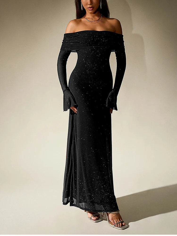 Sequin maxi dress with off-shoulder design and bell sleeves - Margarita