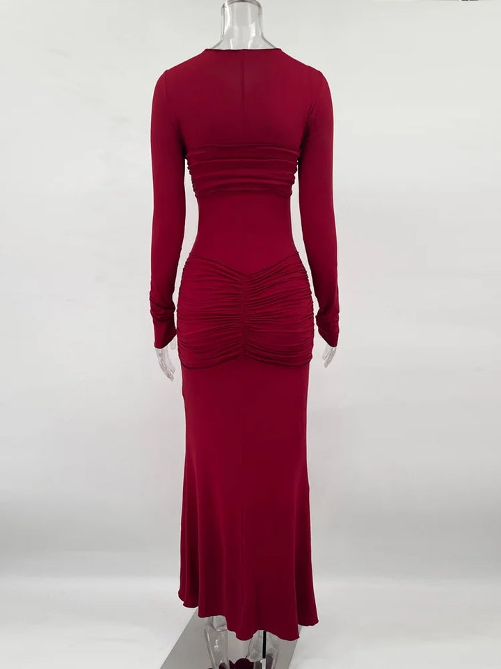 Modest Maxi Dress with Ruching and Tie Detail - Nahev
