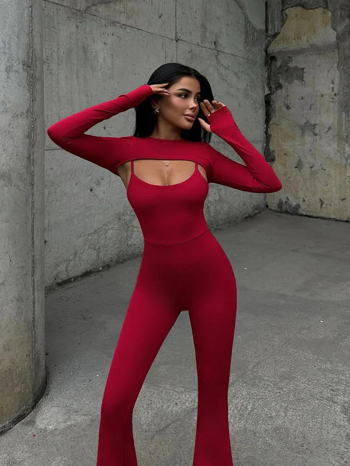 Pedal Pusher Jumpsuit with Shaping Fabric and Overlay Design - Vini