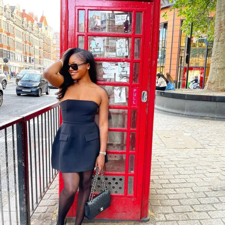 Strapless A-Line Mini Dress with Faux Pocket Detail - Angeles