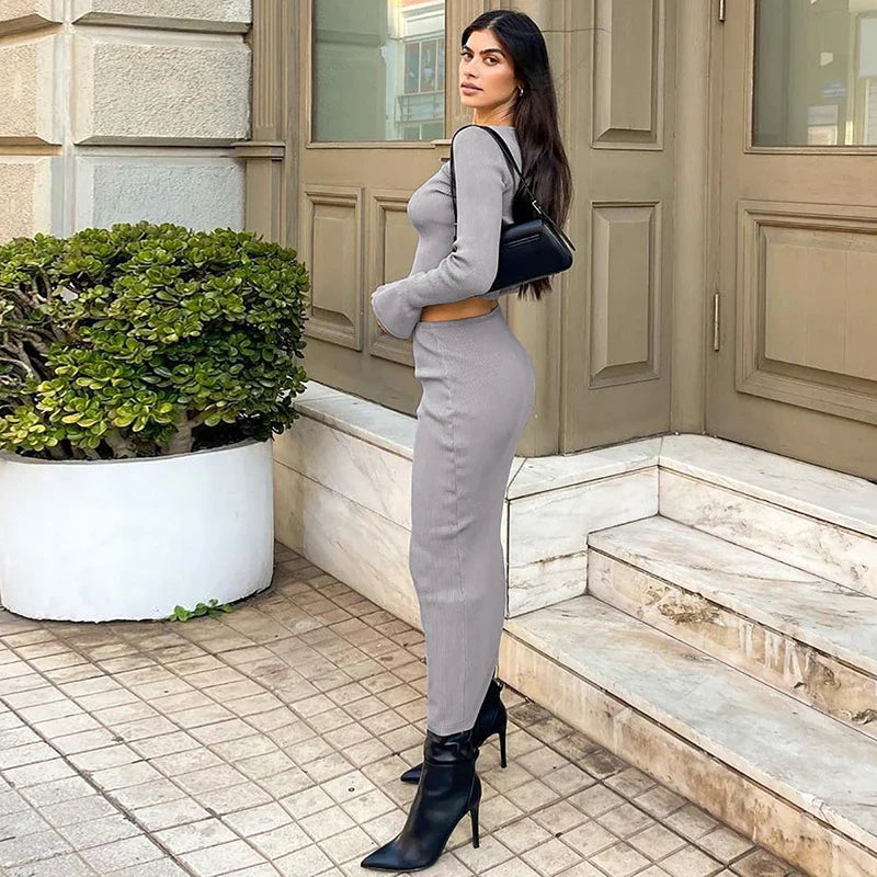 Knitted two-piece set: button-up shirt and fitted maxi skirt - MARIEL