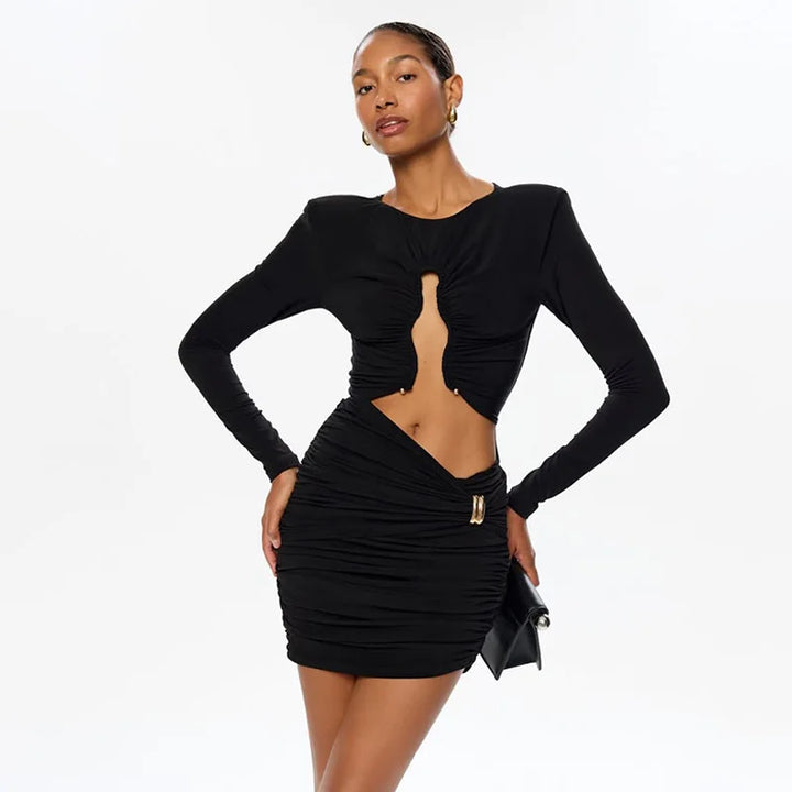 Mini Dress with Ruching and Buckles and Cutouts Decoration - REYNI