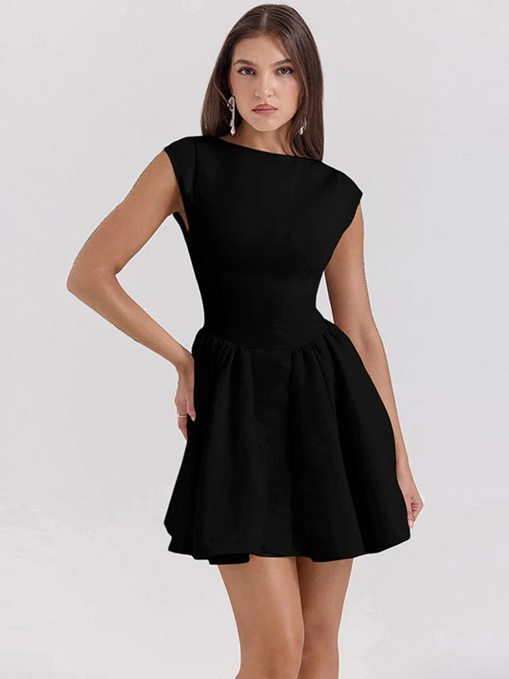 Linen Mini Dress in A-Line with Open Back - Marilyn