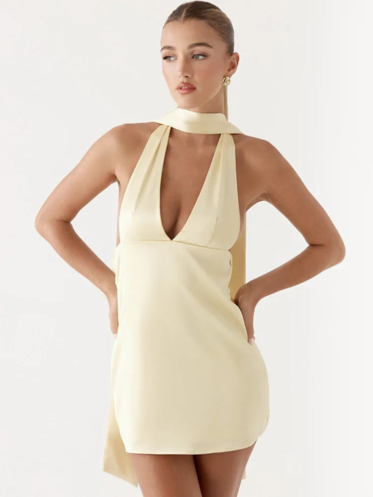 Satin mini dress with V neckline decorated with matching scarf - Karina