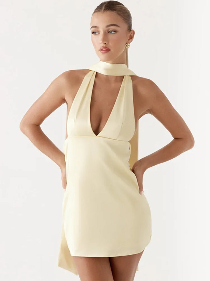 Satin mini dress with V neckline decorated with matching scarf - Karina