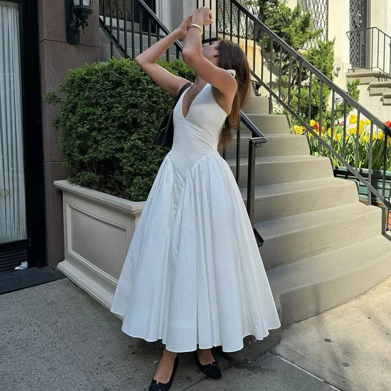 Midi A-line Dress with Neck Tie and Open Back - Makenna