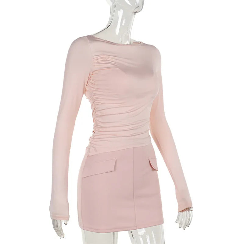 Three-Piece Set: Mini Skirt, Shirt, and Fitted Corset with Pocket Detail - Pearl