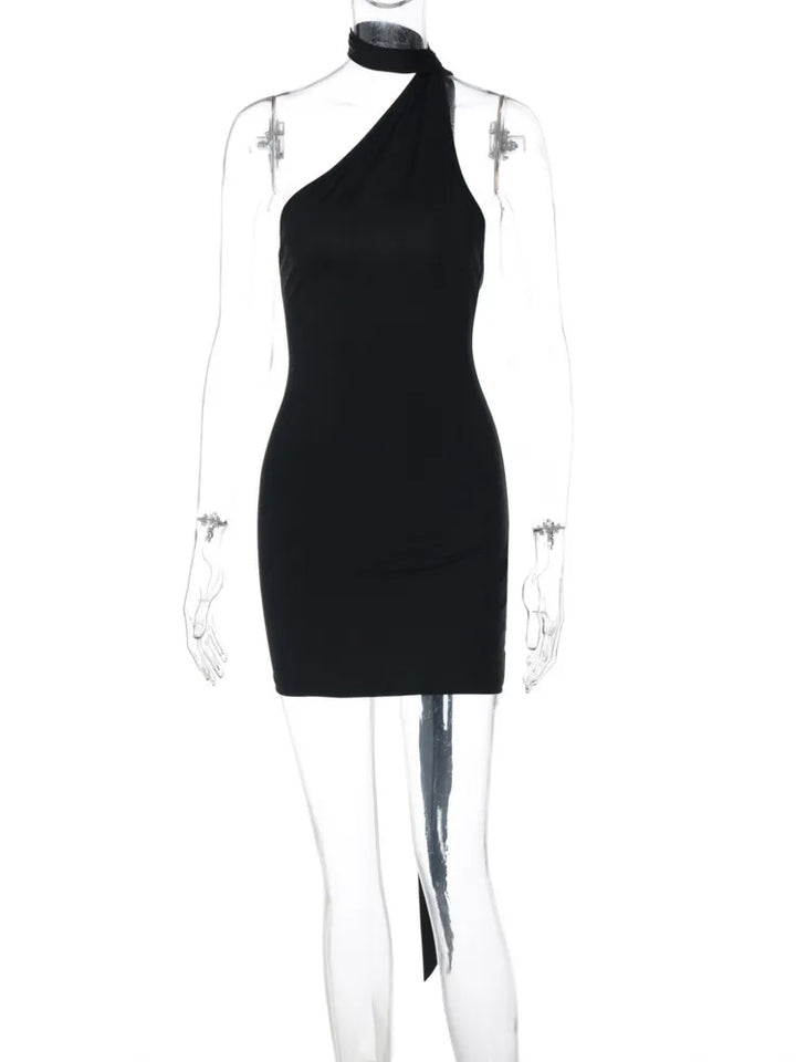 Mini Dress with Open Back, Asymmetric Collar, and Neck Tie Decoration - Rain