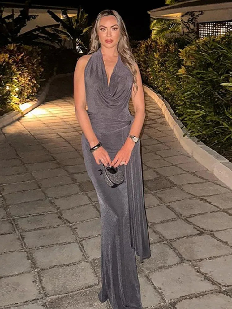 Knitted Suede Maxi Dress with Draped Collar, Open Back, and Tie Detail - Michaela