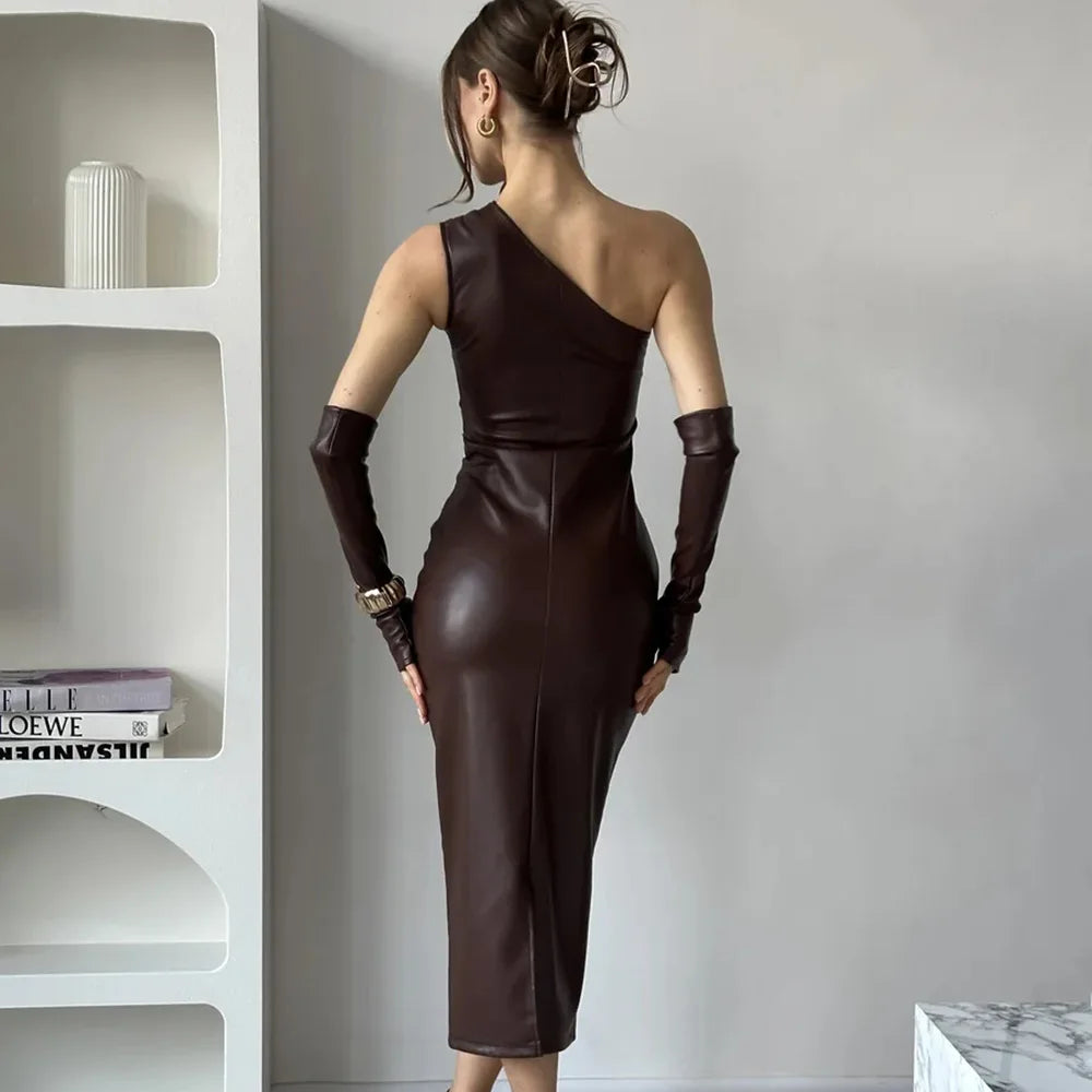 One-Shoulder Faux Leather Maxi Dress with Glove Detail - Thea