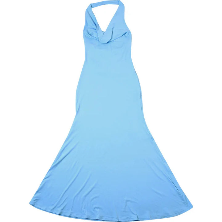 Maxi Dress with Draped Collar, Open Back, and Pearl Chain Detail - Camille