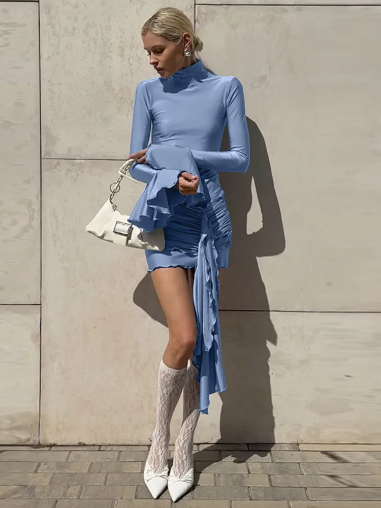 Turtleneck mini dress with bell sleeves and ruffle detail - Jenna
