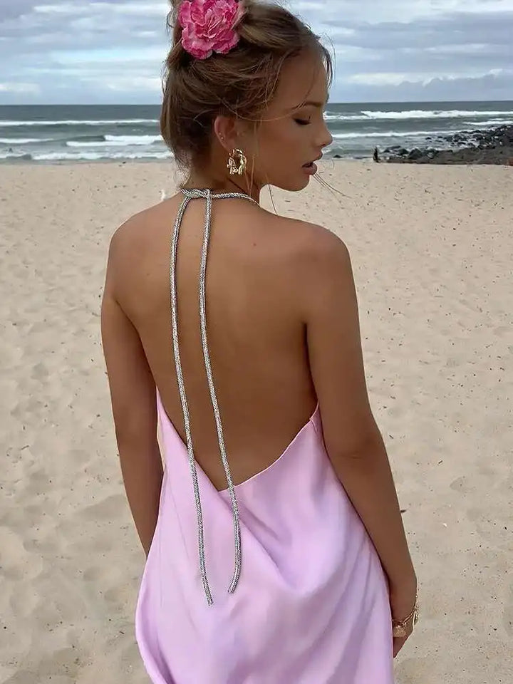 Satin mini dress with sparkling sequin threads tied at neck - Colin