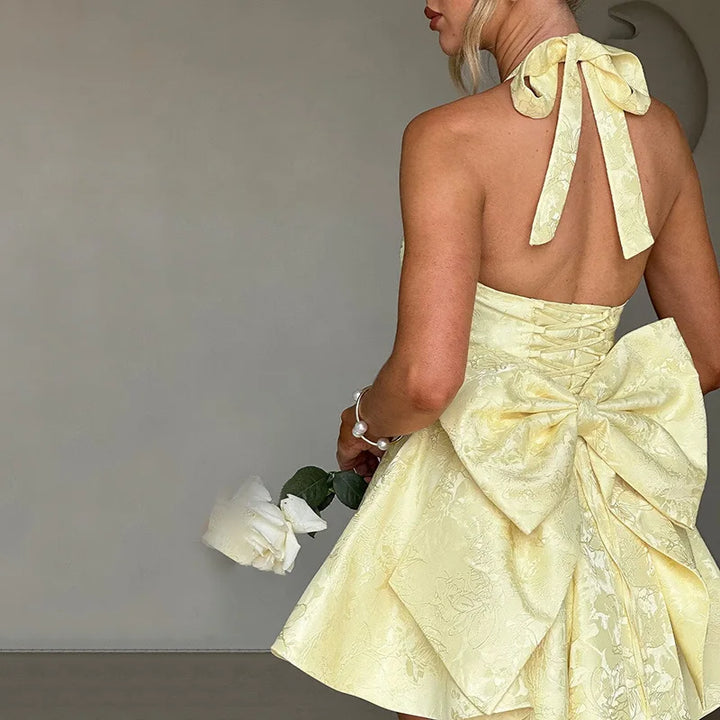 A-line mini dress with floral embroidery, bow detail on the back, tie-back design for waist fit and neck tie - Pearl