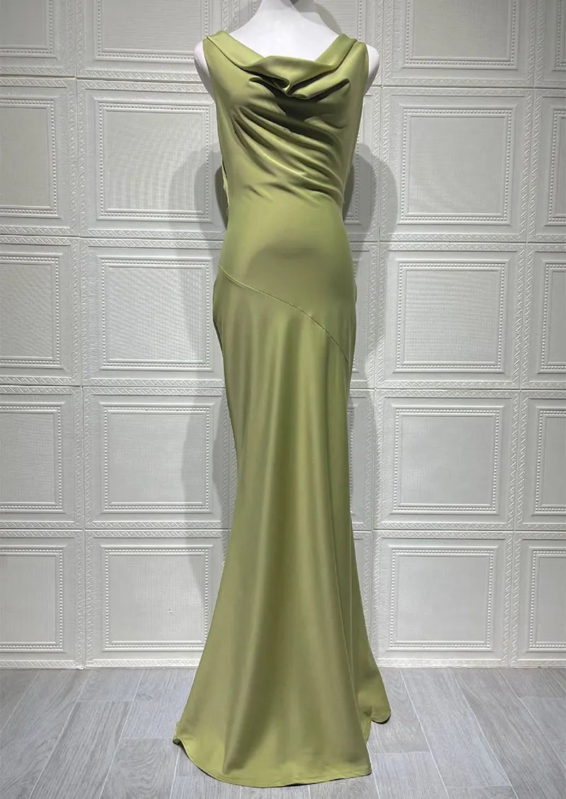 Maxi satin dress with draped collar and open back - Alexis