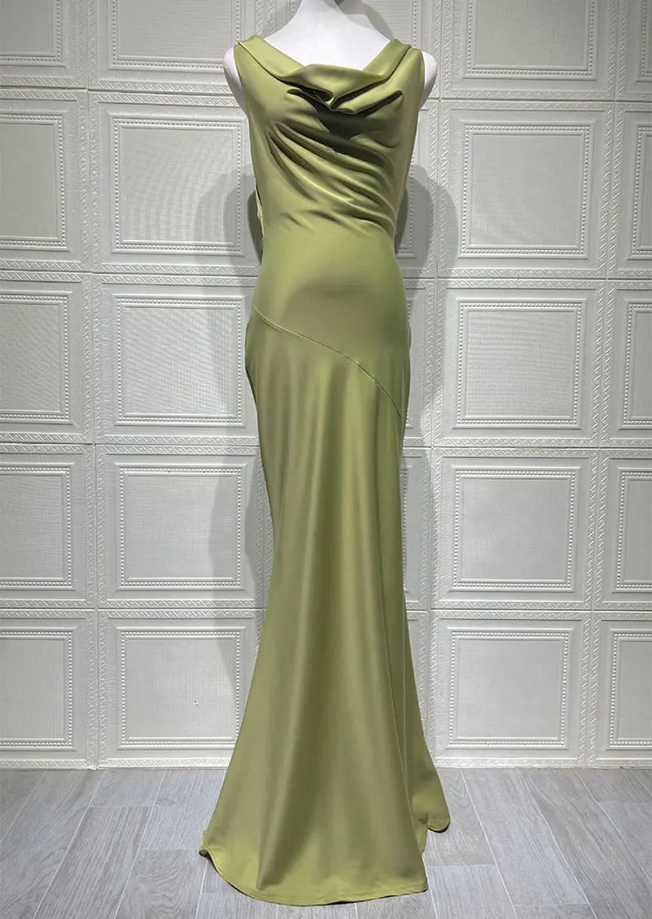 Maxi satin dress with draped collar and open back - Alexis