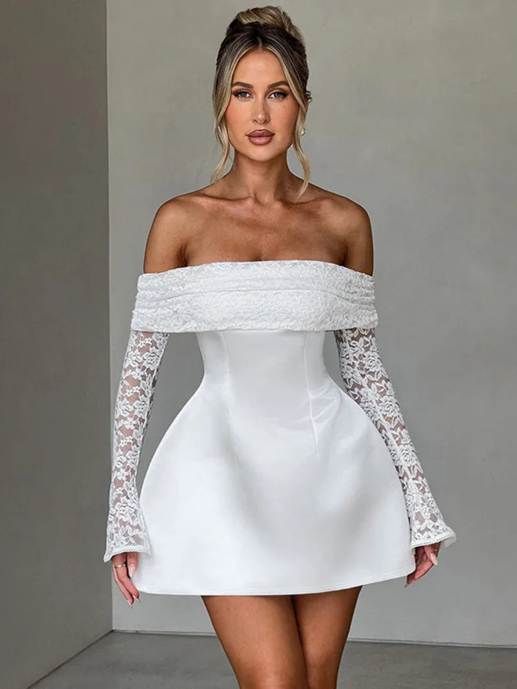 Satin mini dress with off-shoulder and lace sleeves - AMALIA