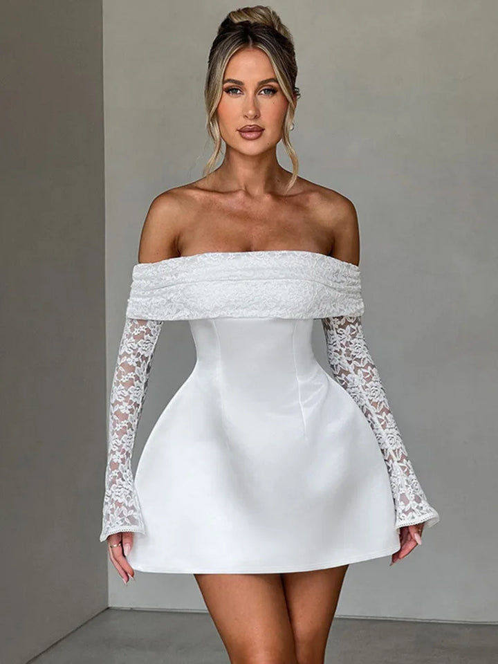 Satin mini dress with off-shoulder and lace sleeves - AMALIA