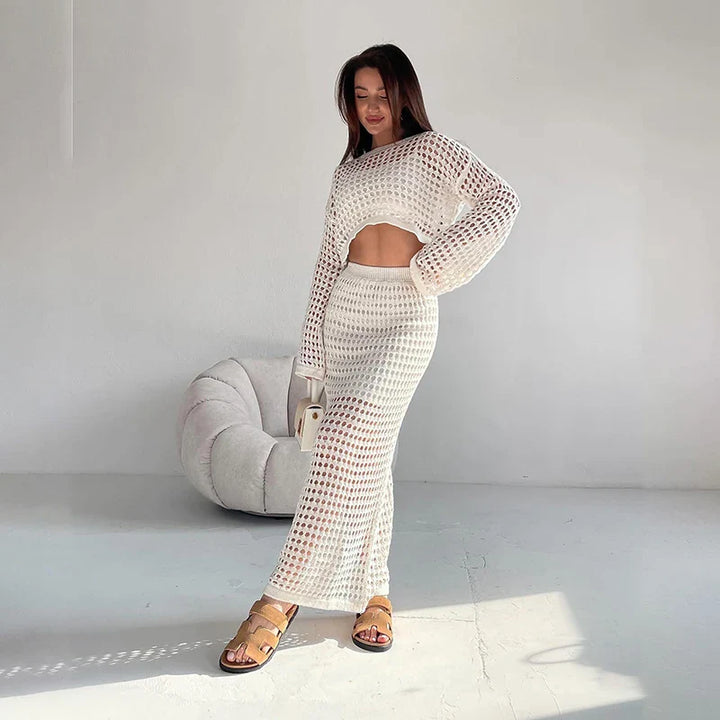 Two-Piece Crochet Mesh Set with Maxi Skirt and Crop Top - Blanca