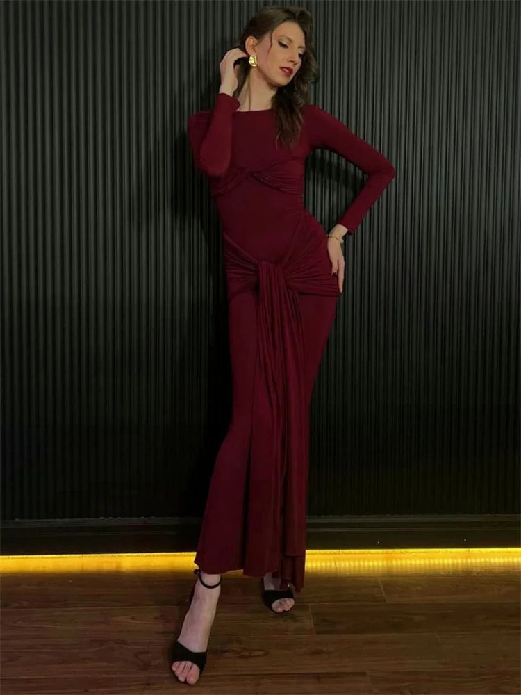 Modest Maxi Dress with Ruching and Tie Detail - Nahev