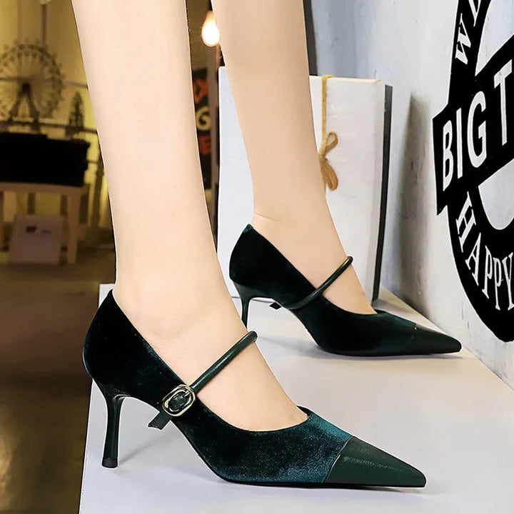 Pointed Heel Shoes with Velvet and Faux Leather Buckle Decoration - Mabel