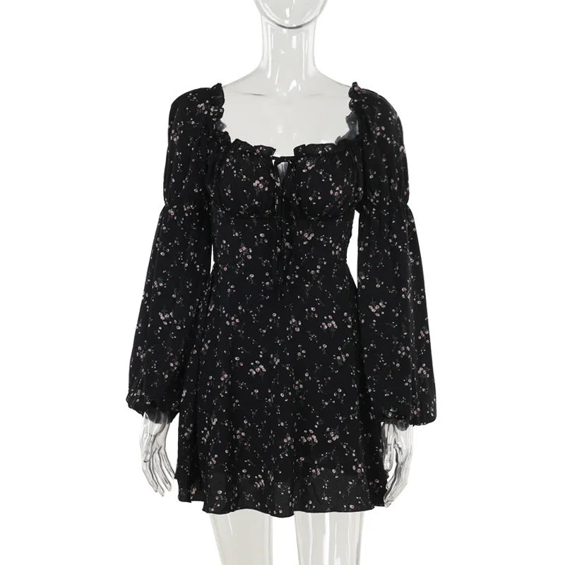 Floral ruffled mini dress with puff sleeves in a rustic style - Heidi
