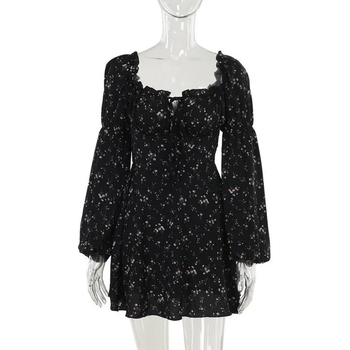 Floral ruffled mini dress with puff sleeves in a rustic style - Heidi