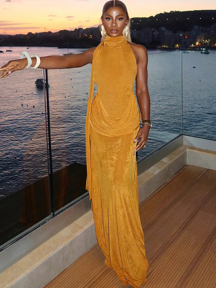 Velvet Collar Maxi Dress with Open Back and Pleats - Ciara