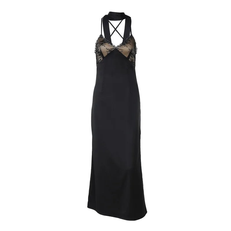 Maxi satin dress with lace decoration and matching scarf, open back - Liset