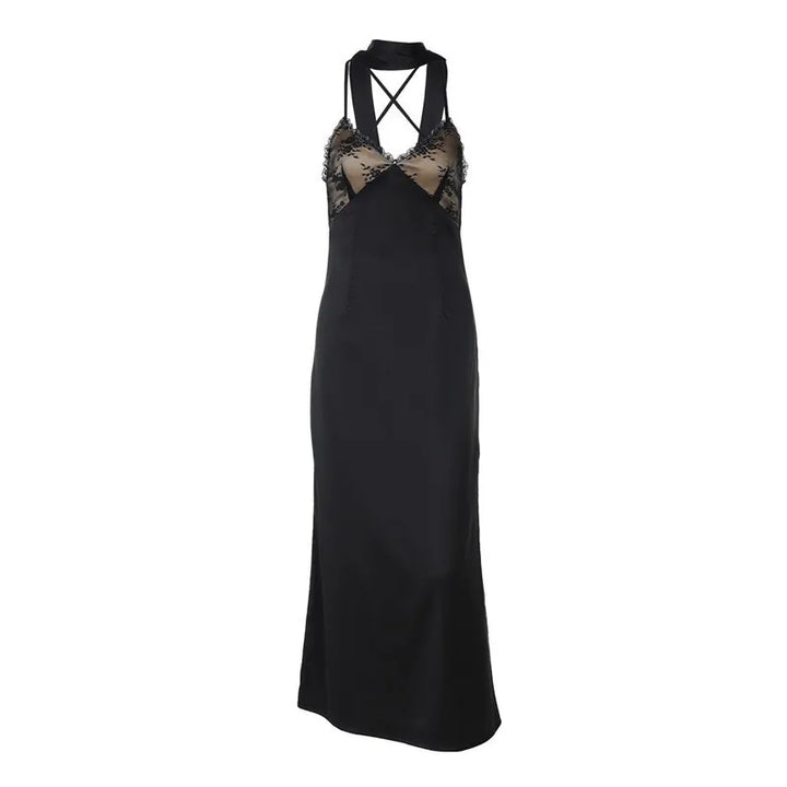 Maxi satin dress with lace decoration and matching scarf, open back - Liset