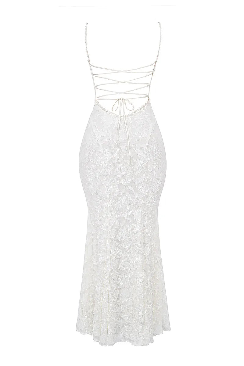 Chiffon Maxi Dress with Leaf Embroidery and Back Tie Design - BLANCA
