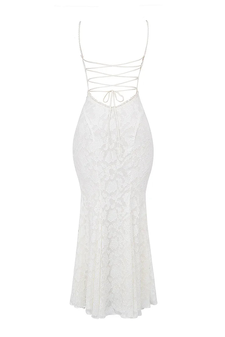 Chiffon Maxi Dress with Leaf Embroidery and Back Tie Design - BLANCA