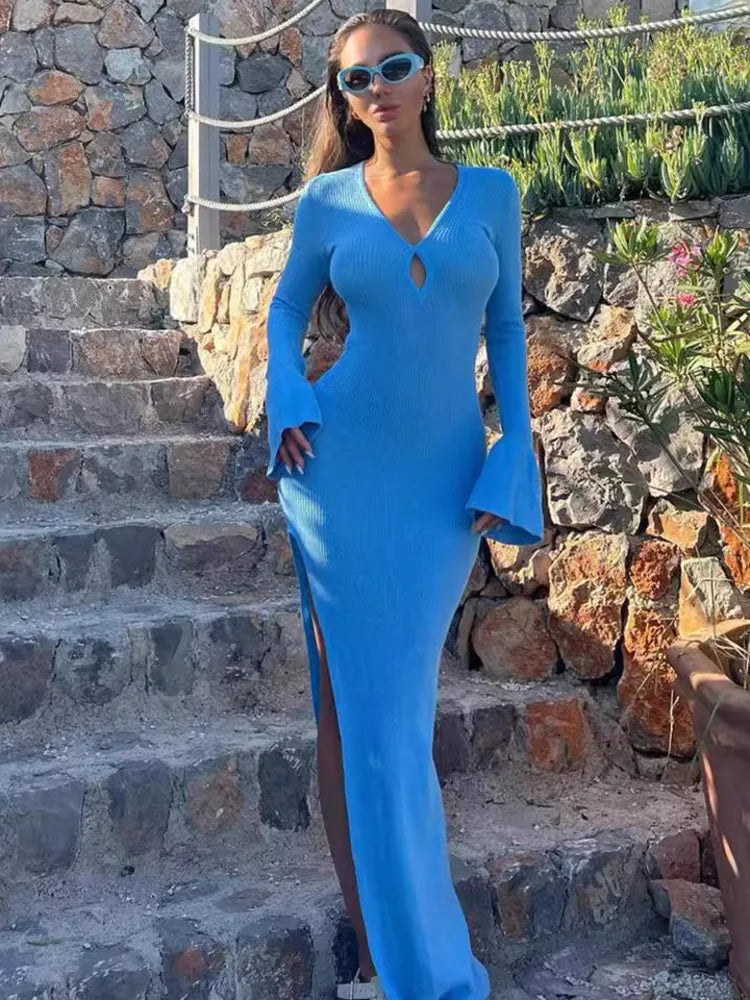 Knitted maxi dress with bell sleeve slit decoration - Kerem