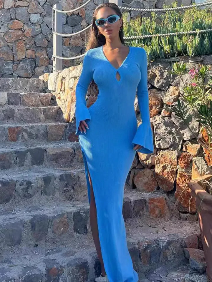 Knitted maxi dress with bell sleeve slit decoration - Kerem