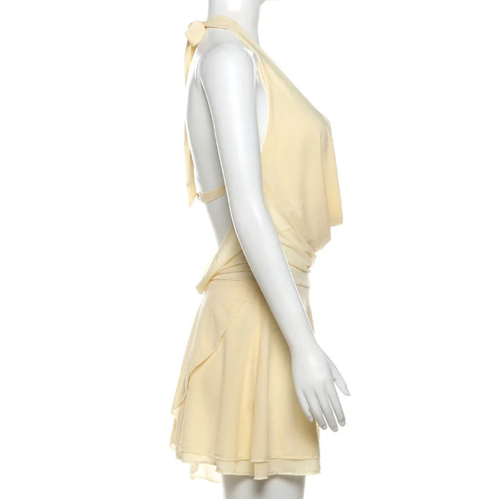 Ruffled Chiffon Mini Dress with Draped Collar and Open Back - Juliana