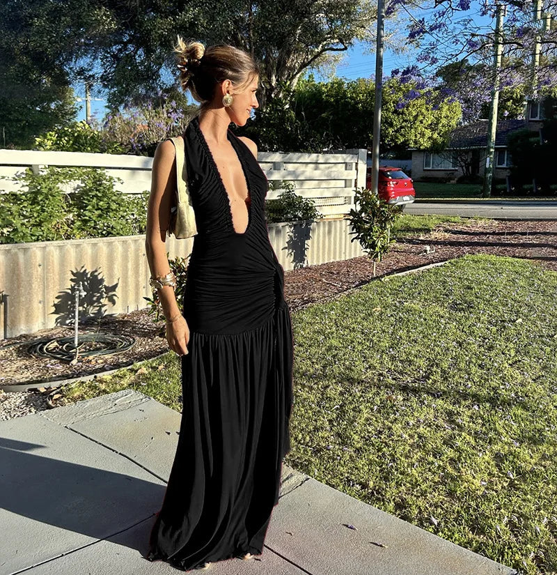 Ruched Maxi Dress with Tie Decoration, Open Back, and Deep V Neckline - Peleg