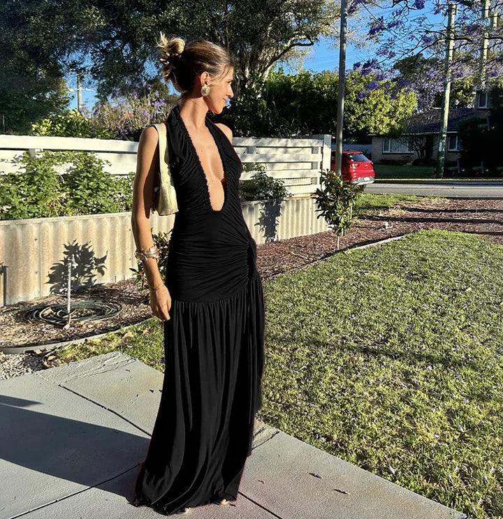 Ruched Maxi Dress with Tie Decoration, Open Back, and Deep V Neckline - Peleg
