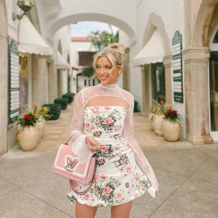 Floral mini dress with lace decoration - Sigal